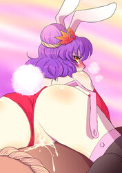 aku_(dejigiga) animal_ear black_legwear black_thighhighs blush bunny_ear bunny_tail censored garters kanako_yasaka onbashira panties panties_aside purple_hair pussy pussy_juice short_hair solo tail thighhighs touhou underwear yellow_eyes