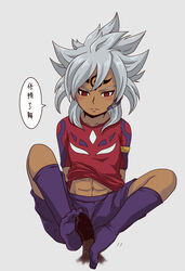 abs baddap_sleed dark_skin feet footjob footjob_with_legwear footwear grey_hair inazuma_eleven inazuma_eleven_(series) knee_socks kneehighs kneesocks male navel penis purple_socks sitting sockjob socks yaoi