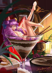 alternate_hairstyle crescent crescent_moon cup double_bun drill_hair eyewear female female_only flat_chest food girl_in_a_cup glasses human in_container in_cup in_food insertion long_hair minigirl nude patchouli_knowledge purple_eyes purple_hair saber_01 solo touhou very_long_hair