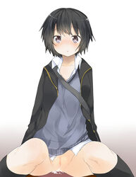 :o after_sex amagami ayase08 black_eyes black_hair black_legwear blush bottomless cum cum_in_pussy cum_inside footwear highres kneehighs looking_at_viewer nanasaki_ai no_panties pun2 pussy school_uniform short_hair simple_background sitting socks solo spread_legs sweater uncensored white_background