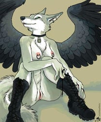 2011 anthro boots breasts canine collar ear_piercing earring female fur furry hybrid nipple_piercing nipple_ring nipples nude oce padlock piercing pussy solo wings wolf