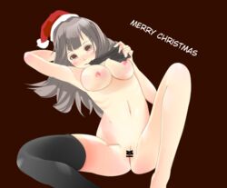 armpits asymmetrical_clothes blush breasts censored christmas clothes hair hard_translated hat long_hair nanako_(artist) nude pussy santa_hat single_thighhigh spread_legs stocking_cap thighhighs translated