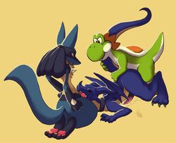 2010 3boys anal crossover cum cum_in_mouth cum_inside cum_while_penetrated dragon furry group_sex horns lucario mario_(series) multiple_boys nintendo no_humans oral penis pokemon pokemon_(species) purplekecleon sex tan_background threesome yaoi yoshi