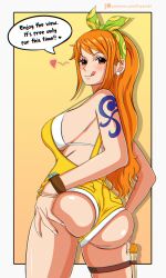 big_ass big_breasts bra english_text female female_only grabbing_own_ass hiyozuki licking_lips long_hair looking_at_viewer looking_back nami one_piece one_piece_film_stampede orange_hair sideboob spoken_heart tattoo