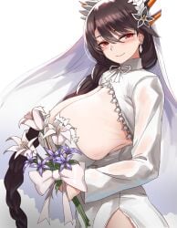 1girls black_hair black_wyrm_s9 black_wyrm_s9_(wedding_dress) blush breasts cho!cho! dress earrings flower huge_breasts last_origin light-skinned_female light_skin long_hair ponytail red_eyes smile veil very_long_hair wedding_dress white_background wife