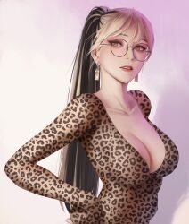 animal_print bangs black_hair blonde_female blonde_hair breasts brown_eyes cleavage collarbone earrings female glasses gradient gradient_background highres jewelry leopard_print lips long_sleeves looking_at_viewer medium_breasts multicolored_hair nuker nuker_(nukerdraws) original parted_bangs parted_lips ponytail round_eyewear simple_background skin_tight solo streaked_hair teeth upper_body v-neck