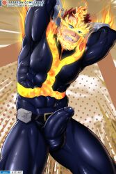 arms_up balls bara big_balls big_penis blush boner dilf endeavor_(my_hero_academia) enji_todoroki erection erection_under_clothes gay grelx hands_behind_head male male_only muscles muscular my_hero_academia penis solo solo_male