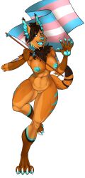 4_toes 5_fingers anthro areola big_breasts blue_areola blue_eyebrows blue_eyes blue_inner_ear blue_inner_ear_fluff blue_nipples blue_nose blue_pawpads breasts brown_body brown_fur brown_hair brown_stripes brown_tail cheek_tuft chest_tuft chevy_dahl claws dark_hair dark_stripes dark_tail dipstick_tail ear_tuft elbow_tuft eye_through_hair eyebrow_through_hair eyebrows eyelashes facial_tuft fangs feet felid feline female finger_claws fingerpads fingers flag front_view fur gesture glistening glistening_eyes glistening_pawpads gloves_(marking) hair hi_res holding_flag holding_object inner_ear_fluff leg_markings lgbt_pride looking_at_viewer lynx mammal markings navel nipples open_mouth open_smile orange_body orange_breasts orange_fur pawpads pride_color_flag pride_colors simple_background smile socks_(marking) solo spottedp_anda0046 striped_arms striped_legs stripes tail_markings toes trans_woman transfem transgender_pride_colors translucent translucent_hair tuft waving waving_at_viewer white_background white_claws