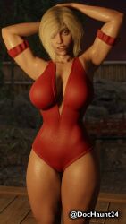 1girls 3d arms_behind_head armwear big_breasts blonde_hair blue_eyes cleavage dc dc_comics dochaunt24 female hand_on_head kara_zor-el karen_starr muscular_female power_girl presenting_armpit presenting_breasts red_swimsuit showing_off smile smiling_at_viewer solo supergirl swimsuit thick_thighs wet_skin