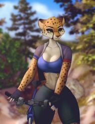 2022 anthro aozee athletic athletic_female bicycle black_pupils blue_bra blue_sky blue_sports_bra bra breasts brown_nose cheetah cleavage clothed clothed_female commission eyebrows eyelashes feline feline_humanoid female female_only furry furry_female furry_only green_eyes mammal mammal_humanoid no_humans original_character outside pants sky solo solo_female sports_bra standing tagme trees white_body white_sclera zoey_duma_(grizzlygus)