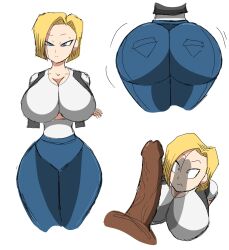 android_18 ass big_ass big_boobs blonde_hair blonde_hair_female blue_eyes blue_eyes_female dark-skinned_male dragon_ball dragon_ball_z female huge_cock interracial jeans male short_hair thick_thighs white_background wide_hips zdaddyecchi