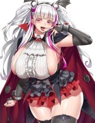 armpits blush breasts cape cho!cho! draculina_(last_origin) earrings fangs horny huge_breasts last_origin long_hair pink_eyes plump sideboob silver_hair thick_thighs thighhighs tongue tongue_out twintails vampire white_background