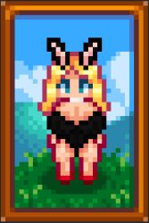 1girls aqua_eyes blonde breasts bunny_ears bunnysuit cancernia female female_only haley_(stardew_valley) huge_breasts pixel_art solo solo_female stardew_valley thick_thighs