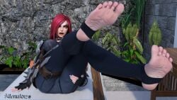 1girls alternat0r218 barefoot feet foot_fetish foot_focus green_eyes katarina_du_couteau league_of_legends lipstick red_hair scar scar_across_eye soles solo_female stirrup_legwear toeless_legwear toes wrinkled_feet wrinkled_soles