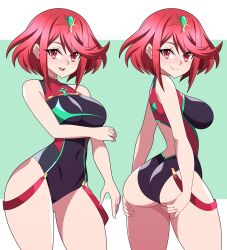 1girls 2022 abysswatchers alternate_costume ass bangs breasts competition_swimsuit female female_only grabbing_own_ass highleg_swimsuit hips huge_ass huge_breasts looking_at_viewer naughty_face nintendo one-piece_swimsuit pyra reaching_back red_eyes red_hair short_hair sideboob simple_background slim_waist smile suggestive_look swept_bangs swimsuit thick_thighs thighs wide_hips xenoblade_(series) xenoblade_chronicles_2