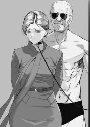 1boy 1girls 2020s 2022 black_and_white bondage collar domination godknows腰肌劳损 joe_biden leash male maledom monochrome old_man older_male politics submissive submissive_female sunglasses