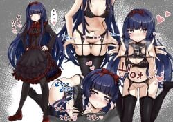 +_+ ... :3 ass bangs black_bra black_dress black_flower black_panties black_souls black_souls_2 blunt_bangs bow bow_hairband bra breasts cleavage closed_mouth collarbone cross cum cum_on_clothes dark_blue_hair dress erection eyelashes female fingernails flower frilled_dress frills garter_belt garter_straps gothic_lolita grey_eyes grimm_(black_souls) hairband hands_on_hips heart highres hime_cut inverted_cross juliet_sleeves lace-trimmed_bra lace_trim legs_apart lolita_fashion long_hair long_sleeves mabel_(black_souls) panties panties_on_penis panty_pull penis presenting_panties puffy_sleeves pulled_by_self pussy_juice red_bow red_footwear red_hairband ribs shoes sidelocks small_breasts smile space speech_bubble spoken_ellipsis standing star_(sky) steam thigh_gap thighhighs thighs tsuzura_(pixiv74922627) underwear v-shaped_eyebrows very_long_hair