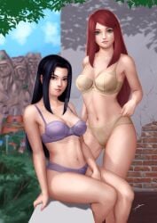 2girls abremson adjusting_panties balcony beige_bra beige_panties black_hair bra breasts female female_only lingerie long_hair looking_at_viewer mature mature_female milf multiple_girls naruto naruto_(series) naruto_shippuden panties purple_bra purple_panties red_hair sitting standing uchiha_mikoto underwear uzumaki_kushina