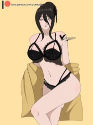 1girls agung911 almost_naked alternate_hairstyle alternate_version_available artist_name bare_breasts bare_legs bare_midriff bare_shoulders bare_thighs barely_clothed black_bra black_panties boruto:_naruto_next_generations bra breasts breasts_out brown_hair bust busty byakugan curvaceous curvy curvy_body curvy_female curvy_figure exposed_breasts female female_only hair_between_eyes hyuuga_hanabi kimono kimono_down kimono_open kimono_pull leg_lift leg_up lingerie long_hair looking_at_viewer mostly_nude naruto naruto_(series) open_clothes open_kimono oppai panties partially_clothed patreon_username pinup plain_background presenting_self raised_leg shounen_jump simple_background solo solo_focus taking_clothes_off tied_hair undressing undressing_self url violet_eyes watermark web_address wide_hips yellow_background yukata