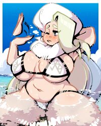 2022 armpits bbw beach belly big_breasts bikini blonde_hair blue_eyes blue_sky blush breasts chubby chubby_female cleavage detailed_background female female_focus female_only human legendofnerd light-skinned_female light_skin long_hair mature_female melony_(pokemon) milf nintendo partially_submerged pokemon pokemon_ss revealing_clothes scantily_clad summer swimsuit thick_thighs thighs water white_bikini