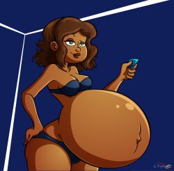 1girls bedroom_eyes belly big_belly big_breasts bra breasts cleavage condom condom_wrapper dark-skinned_female dark_skin female freckles hand_on_hip ilikapie large_belly panties pregnant solo_female underwear wide_hips