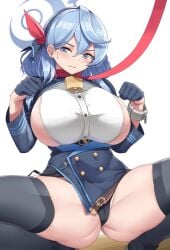 ako_(blue_archive) ass bell_collar blue_archive blue_eyes blue_hair cameltoe cho!cho! collar gehenna_academy_logo_(blue_archive) gehenna_academy_student gloves halo leash petplay prefect_team_(blue_archive) sideboob spread_legs squatting thick_thighs thighhighs thong white_background