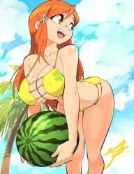 1girls aetherion_art bare_arms bare_legs bare_shoulders beach bikini bleach breasts bust busty carrying carrying_object cleavage collarbone female female_only food fruit highres holding_object inoue_orihime large_breasts leaning_forward legs long_hair nipples open_mouth oppai orange_eyes orange_hair outdoors puffy_nipples revealing_bikini revealing_swimsuit skimpy skimpy_bikini smile solo solo_focus sweat sweaty_body swimsuit watermelon yellow_bikini