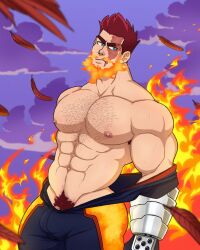 balls bara bulge chest_hair dilf endeavor_(my_hero_academia) enji_todoroki feathers fire gay male male_only muscles muscular my_hero_academia penis scar scar_across_eye solo solo_male sweaty undressing yows