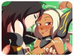 after_oral black_hair blonde_hair cum floating gravity_rush imminent_oral kat_(gravity_rush) licking_lips mei1988 multiple_penises oral penis raven_(gravity_rush) tanned tanned_female tanned_skin tongue unseen_male_face