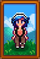 1girls big_ass big_breasts blue_eyes blue_hair cancernia emily_(stardew_valley) female female_only huge_breasts light-skinned_female maid maid_uniform pixel_art solo solo_female stardew_valley thick_thighs