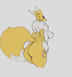1girls 3_toes anthro ass big_ass big_breasts big_butt big_tail breasts bubble_butt colored_sketch dat_ass digimon digimon_(species) female female_only furry hands_on_hips itisd9 looking_at_viewer markings neck_tuft no_nipples renamon side_view sideboob smiling solo thick_thighs thigh_up thighs yellow_fur