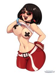 1girl alternate_version_available big_breasts black_hair bracelet bracelets breasts choker earrings evie_(fortnite) female female_only fortnite hand_on_hip lipstick magaska19 open_mouth pants pasties red_pants shirt shirt_lift smile sunglasses thick_thighs tinted_eyewear wide_hips