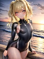 1girls ai_generated blonde_hair gold_eyes myrr ocean sideboob small_breasts solo solo_female solo_focus stable_diffusion sunset swimsuit tagme wetsuit wide_hips