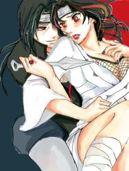 1boy1girl age_difference bandages big_breasts black_hair breasts cleavage fishnets forehead_protector grabbing grabbing_from_behind jewelry junshoku kunai kurenai_yuhi lipstick long_hair makeup male/female nail_polish naruto naruto_(series) older_female red_eyes ring tegaki uchiha_itachi weapon younger_male yuuhi_kurenai