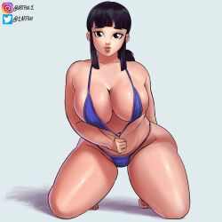 1girls artfoo_1 big_breasts bikini black_hair chichi dragon_ball dragon_ball_super dragon_ball_z light-skinned_female light_skin long_hair looking_at_viewer mature_female mature_woman milf mother on_knees thick_thighs