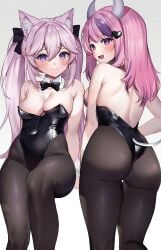 2girls absurdres animal_ear_fluff animal_ears ass back big_ass big_butt black_bow black_bowtie black_leotard black_pantyhose blush bow bowtie breasts butt cat_ears covered_navel demon_girl demon_horns detached_collar feet_out_of_frame from_behind gradient_background grey_background hair_between_eyes hair_ornament hairbow hand_on_floor heart heart_hair_ornament highleg highleg_leotard highres horns ironmouse leotard light-skinned_female light_skin long_hair looking_at_viewer looking_back median_furrow medium_breasts multicolored_hair multiple_girls nyatasha_nyanners open_mouth pantyhose pink_hair purple_eyes purple_hair sitting smile streaked_hair tail thighs twintails virtual_youtuber vshojo white_background yuniiho