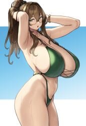 1girls armpits arms belly belly_button bikini bracelet breasts brown_eyebrows brown_hair brown_haired_glasses_elf_(houtengeki) cheeks elbows elf eyebrows eyelashes eyes face female female_focus glasses green_bikini green_eyes hair hands hands_in_hair head hips houtengeki large_breasts legs light_skin long_hair mouth neck nose open_mouth pose posing simple_background skin solo sweat sweatdrop sweating thick_thighs thighs thin_waist waist wide_hips