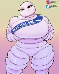 artfoo_1 black_eyes eyelashes half-closed_eyes holding_breasts humanoid large_breasts looking_at_viewer mascot michelin_man michelin_woman no_humans presenting_breasts rule_63 simple_background tire white_body white_skin