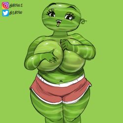 1girls artfoo_1 breasts female_only fruit fruit_humanoid grabbing_own_breast green_skin huge_breasts looking_at_viewer non-mammal_breasts shorts shorts_only thick_thighs voluptuous watermelon watermelon_humanoid wide_hips