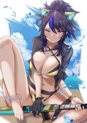 1girls 2022 barefoot bikini blue_eyes breasts cleavage female female_only hips holding_object huge_breasts kson_onair looking_at_viewer naughty_face ponytail purple_hair slim_waist suggestive_look tinnies virtual_youtuber vshojo wide_hips yellow_bikini