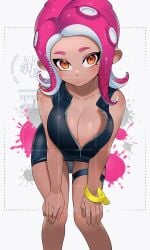 1girls agent_8_(splatoon) breasts brown_skin color colored female female_focus female_only fully_clothed jinko_uraaka jinkoika large_breasts looking_at_viewer looking_down nintendo octoling octoling_girl orange_eyes pink_hair pink_tentacles solo solo_female splatoon splatoon_(series) splatoon_2 watermark white_background