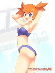 :d armpits arms_behind_head arms_up ass bare_arms bare_shoulders bikini blue_bikini breasts commentary cowboy_shot creatures_(company) english_commentary female game_freak kasumi_(pokemon) medium_breasts nintendo open_mouth orange_hair patreon_username pinup_(style) pokemon pokemon_(anime) pokemon_(classic_anime) rei_no_pool rtil short_hair short_ponytail smile solo swimsuit that_pool thighs