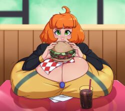 breast_press burger cleavage eating gigantic_breasts huge_breasts hyper hyper_breasts looking_at_viewer maddison_(spiralingstaircase) puffy_nipples red_hair spiralingstaircase