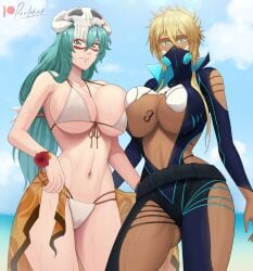 2022 2girls beach bikini bleach blonde_hair blue_eyes breast_tattoo breasts brown_skin devilukez facial_markings female female_only green_hair hazel_eyes hips huge_breasts light-skinned_female light_skin long_hair looking_at_viewer mask mask_on_head nelliel_tu_odelschwanck number_tattoo outdoors short_hair slim_waist smile tan tan-skinned_female tanned_skin tattoo thick_thighs thighs tia_harribel wetsuit wide_hips