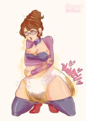 1girls big_breasts breasts brown_hair diaper female glasses messy_diaper nipples scat scatina soiling solo_female thick_thighs