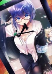 1girls armband big_breasts blouse blue_eyes blue_hair breasts ciel ciel_(tsukihime) cleavage female female_only glasses lingerie looking_at_viewer melty_blood neco-arc pantyhose partially_undressed pencil_skirt school_uniform shimotsukishin shirt short_hair skirt smile solo_focus tsukihime type-moon unbuttoned unbuttoned_shirt undressing uniform