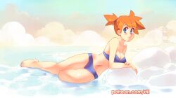 bare_arms bare_legs bare_shoulders barefoot bikini blue_bikini blue_eyes breasts commentary creatures_(company) day english_commentary female full_body game_freak highres kasumi_(pokemon) lighthouse looking_at_viewer medium_breasts navel nintendo orange_hair outdoors parted_lips patreon_username pinup_(style) pokemon pokemon_(anime) pokemon_(classic_anime) rock rtil short_hair short_ponytail solo swimsuit water