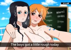 2girls after_fellatio after_sex big_breasts black_hair breasts caption chalkboard cum cum_in_hair cum_on_breasts cum_on_face female female_only h-lab huge_breasts looking_at_viewer multiple_girls nami nico_robin nipples nude nude_female one_piece orange_hair post-timeskip pubic_hair scoreboard selfie tongue tongue_out