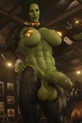 3d abs amazonium ass bar bar_maid big_balls big_penis bowtie bowtie_collar breasts crossover dc_comics diana_prince drinks futa_focus futa_only futa_sans_pussy futanari green-skinned_futanari green_hair green_skin hulk_(series) injustice_2 marvel muscular muscular_futanari olive_skin pasties penis reverse_bunnysuit she-hulk tray wonder_woman wonder_woman_(series)