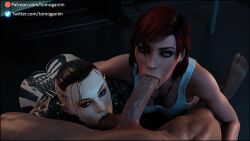 1boy 2girls 3d 3d_(artwork) big_penis blowjob blowjob_face collaborative_fellatio commander_shepard exposed_ass fellatio femshep glowing_eyes huge_cock jack_(mass_effect) long_penis looking_at_viewer mass_effect multiple_girls nude nude_male nudity oral oral_sex penis red_eyes red_hair renegade_shepard sucking sucking_penis sucking_testicles teamwork threesome tomoganim veins veiny_penis